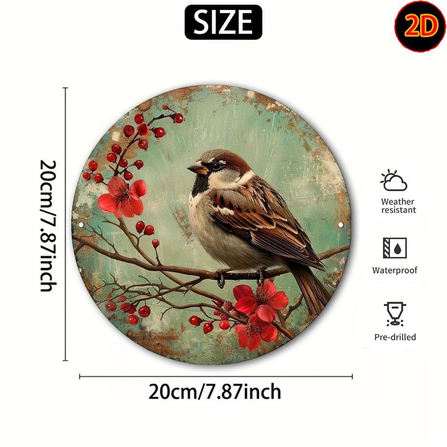 Potdemiel Vintage Sparrow Floral Metallwandkunst aus Aluminium, kreisförmig, rot und grün, Durchmesser: 20 cm - Bild 3