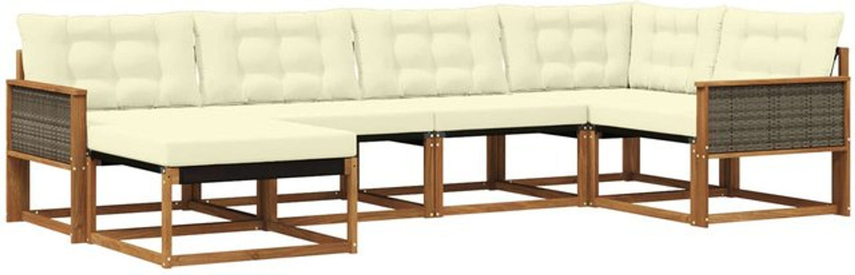vidaXL Outdoor-Sofagarnitur aus Akazie und Polyrattan mit Kissen, 6-teiliges Loungemöbel-Set in Natur und Beige - Bild 1