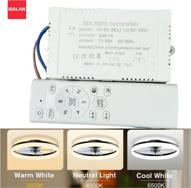 IRALAN Ersatzteil-Set für Deckenventilator mit LED-Lichtleiste, Netzteil und Fernbedienung in Weiß - Bild 1