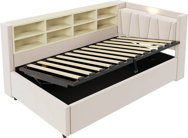 Merax Schlafsofa aus Samt in Beige mit USB-C Ladestation, Bettregal und Hydraulik-Funktion, B/T/H: 90 x 200 cm - Bild 1
