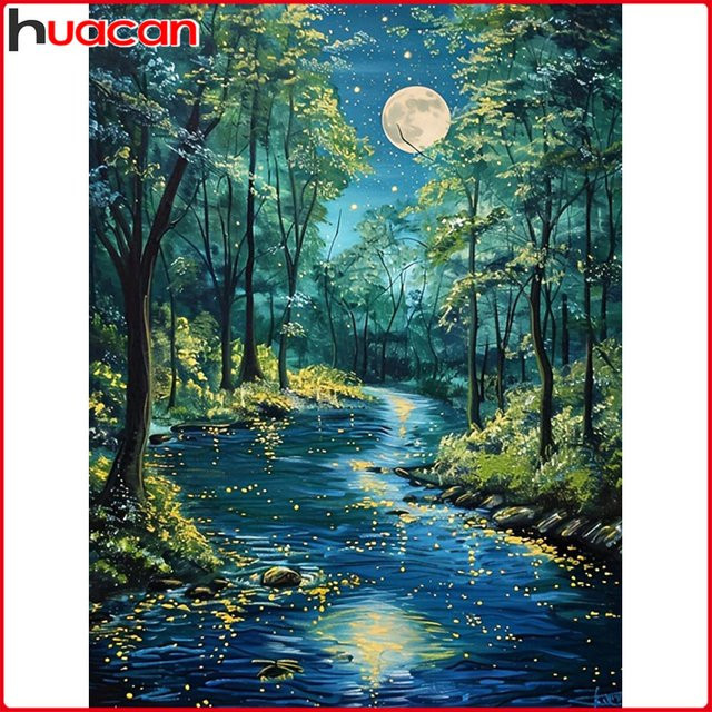 Huacan Diamantgemälde Wald Mond Landschaft Mosaik Komplettset, Mehrfarbig, B/H: 30 x 20 cm - Bild 1