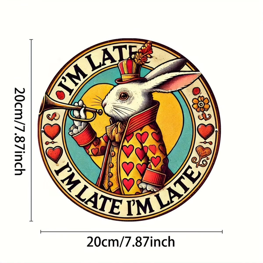 Potdemiel Vintage Kaninchen Metall-Wandkunstschild I'm Late I'm Late Rund, Mehrfarbig, Durchmesser: 20 cm - Bild 3