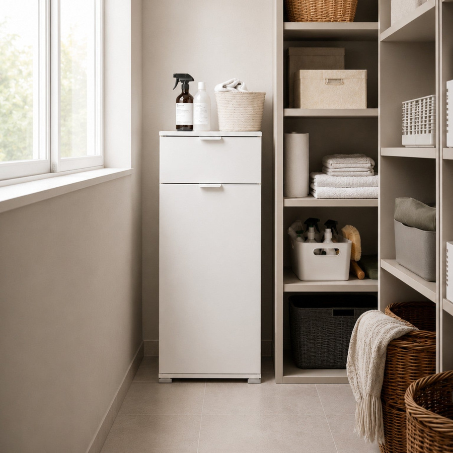 Der Weiße Stein Niedriger Schrank mit Tür und Schublade in Weiß, Mehrzweck-Aufbewahrungsmöbel für Badezimmer, Küche oder Waschraum, B/T/H: 45 x 38 x 103 cm - Bild 4