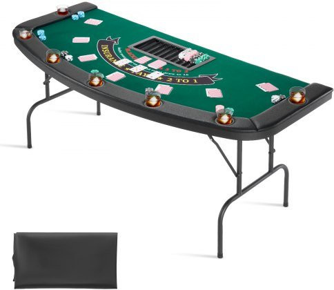VEVOR klappbarer Pokertisch für 7 Spieler, halbovaler Kasino-Freizeittisch mit Filz, Metallbeinen, gepolsterten Schienen und Getränkehaltern, B/T/H: 183 x 82,5 x 75,5 cm - Bild 1