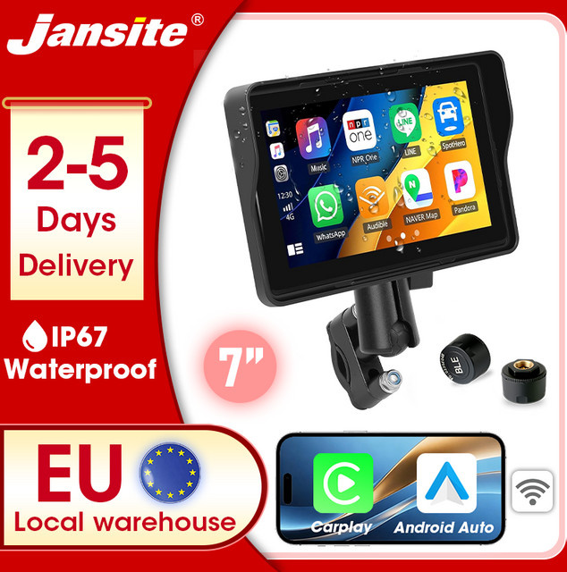 Jansite Motorrad-Navigationssystem mit Android Auto und Apple CarPlay, 5/7 Zoll tragbarer Bluetooth-Monitor, IP67 wasserdicht, Schwarz - Bild 1