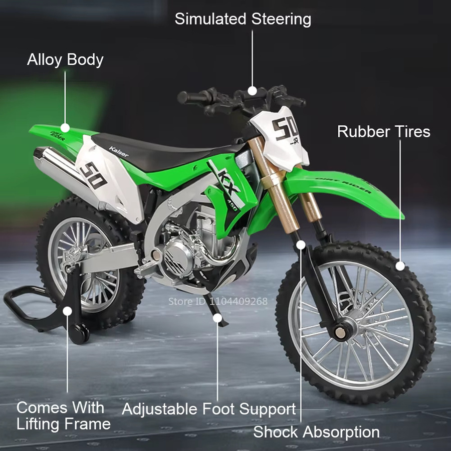 MAKEDA KX450 Motorradmodell, Maßstab 1:12, Metall, Grün - Bild 3