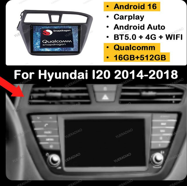 Android 16 Autoradio für Hyundai I20 II in Schwarz mit QLED Display, GPS, Bluetooth, WiFi und 4G Unterstützung als 2DIN Multimedia Head Unit - Bild 1