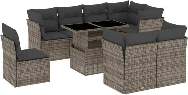 vidaXL 9-tlg Garten-Sofagarnitur aus Poly-Rattan in Grau mit Kissen und Gartentisch - Bild 1
