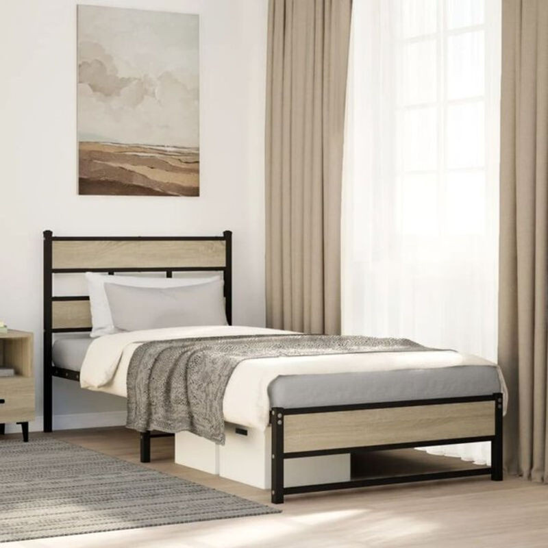 Metallbett Vidaxl im Industrial Design aus Metall und Holzwerkstoff in Sonoma-Eiche Natur, B/H: 75 x 190 cm - Bild 1