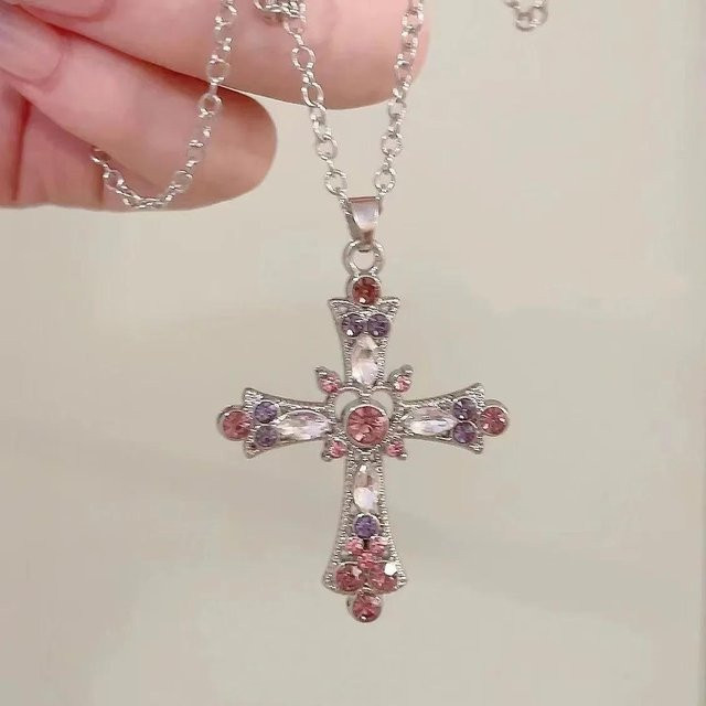 Kristall-Kreuz-Anhänger-Halskette, Silber, Messing, Damen, Mädchen - Bild 1