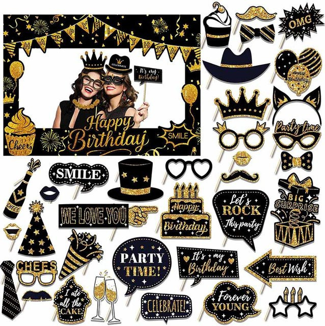 WEHRPARTY Goldglitter Happy Birthday Rahmen-Set, Fotobox-Requisiten, 37-teiliges Set - Bild 1