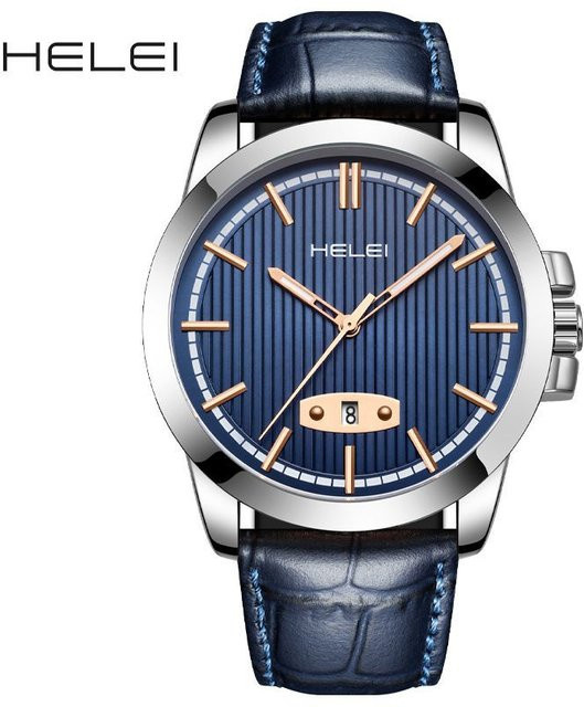 HELEI Herrenuhr, Quarz, Edelstahl, Blau, Leder, Silber - Bild 1