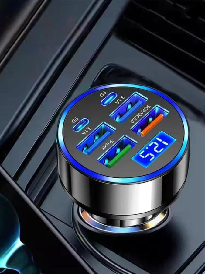 UYUXIO 6-in-1 USB-C Autoladegerät Adapter mit Dual PD Superschnellladung und Voltmeter zur Spannungsanzeige in Schwarz - Bild 6