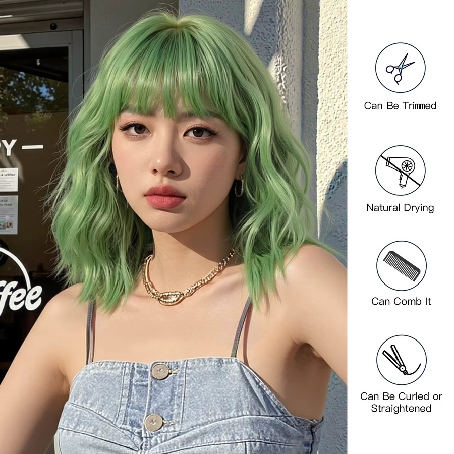 EASIHAIR Perücke, kurze gewellte Bob-Perücke mit Pony, Avocadogrün, Damen - Bild 3