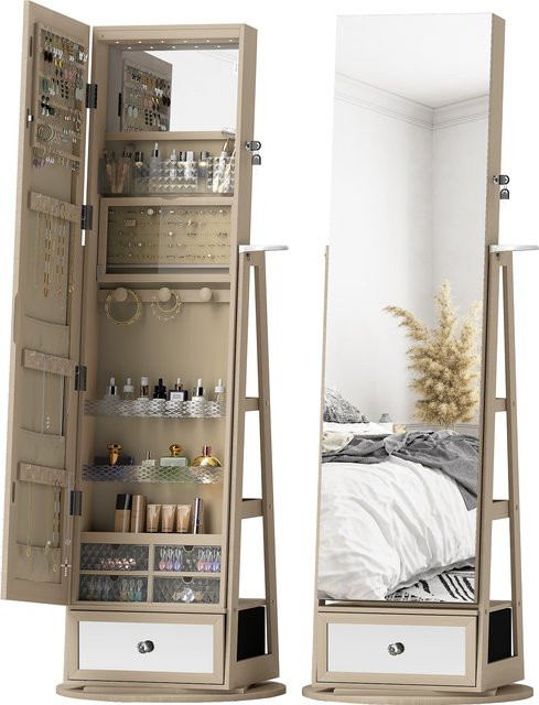 HOMCOM Schmuckschrank mit LED-Ganzkörperspiegel und Föhnhalter, 360 Grad drehbar, Natur/Braun, mit Schublade, Schloss und offenen Regalen - Bild 1