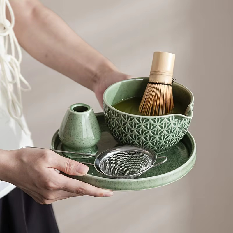 WENZHE Japanisches Matcha-Set mit grünem geometrischem Muster, Bambusrührer und Tee-Zubehör für die traditionelle Teezeremonie - Bild 4