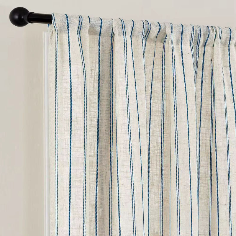 AiFish Römischer Etagenvorhang aus Leinenmischung mit blauen Streifen, Transparent, Beige/Blau/Weiß - Bild 2