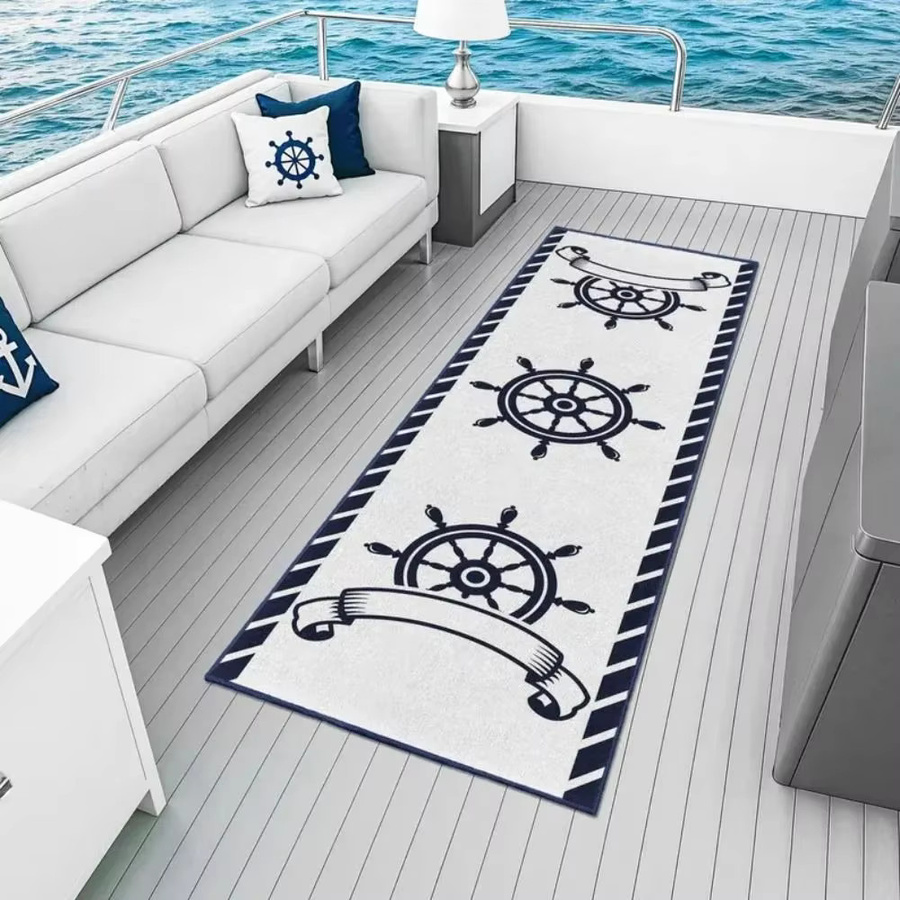 VIKAMA Nautischer Anker Outdoor-Läufer-Teppich, rutschfeste und waschbare Bodenmatte für Terrasse und Balkon, maritimes Design - Bild 1