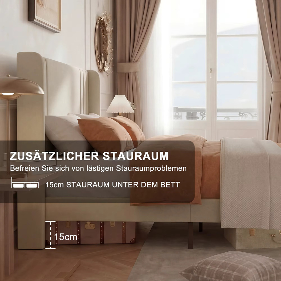 Comanlai Polsterbett mit Lattenrost und Kopfteil in Grau oder Beige, modernes Doppelbett aus Stoff, B/T/H: 140 x 200 cm - Bild 3
