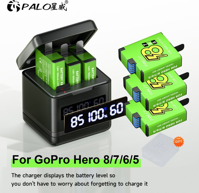 GoPro Akku Set mit 1800mAh und 3-Slot-LCD-Ladegerät für Hero 8, Hero 7, Hero 6 und Hero 5 Black Actioncam - Bild 1