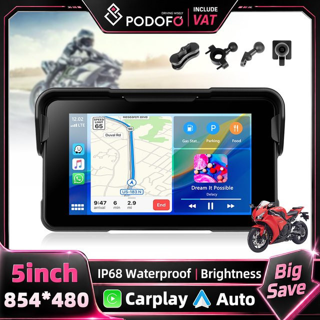 Podofo Tragbarer 5-Zoll Motorrad MP5 Multimedia-Player mit kabellosem CarPlay, Android Auto und Bluetooth in Schwarz - Bild 1