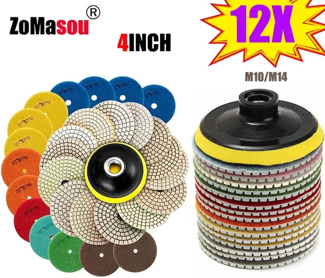 10 bis 12 Stück Diamant-Polierpads für Trocken- und Nassschliff, Durchmesser: 10,2 cm, Mehrfarbig, Schleifwerkzeuge für Granit, Quarz, Fliesen und Glas - Bild 1