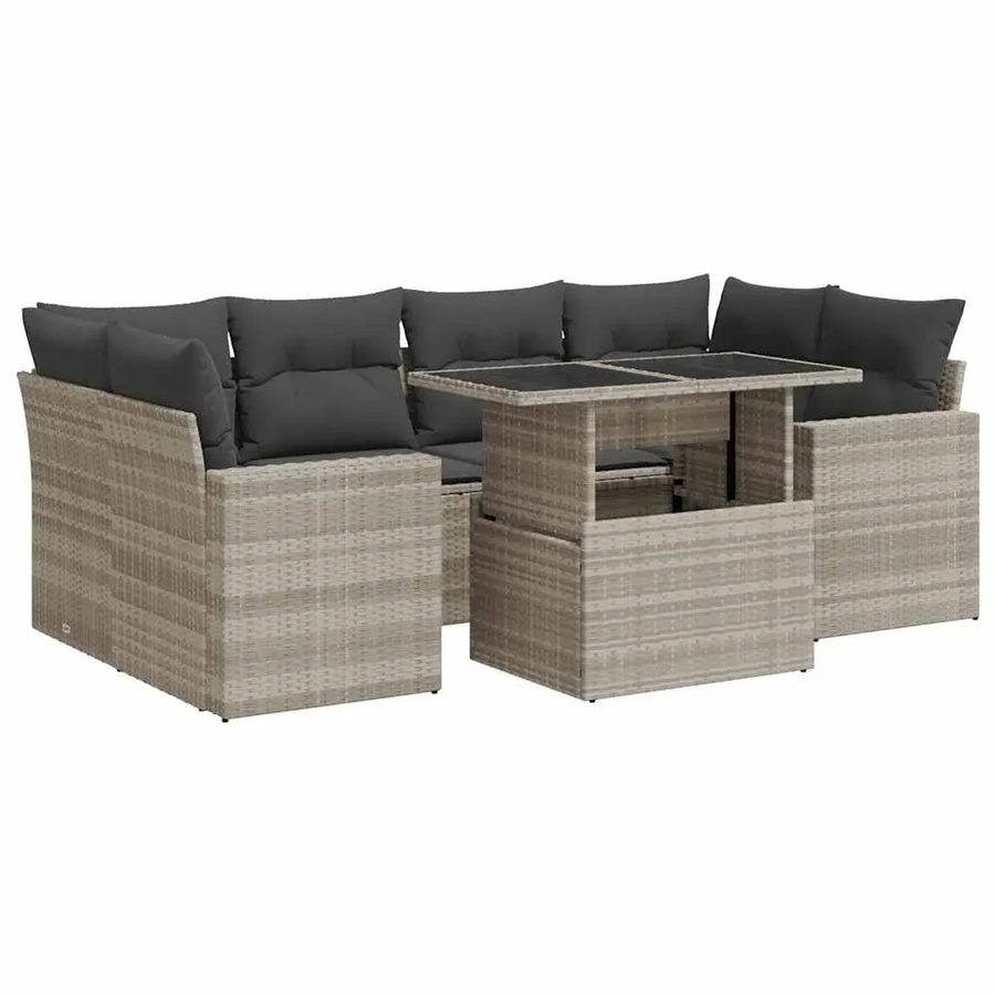vidaXL 7-teilige Garten-Sofagarnitur in L-Form aus Poly Rattan mit Kissen und Couchtisch in Hellgrau - Bild 2