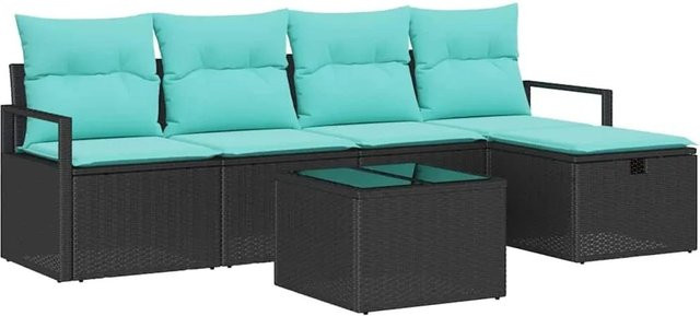 vidaXL 6-teiliges L-Shape Gartenmöbel Set aus Poly-Rattan in Schwarz und Türkis mit Ottoman und Kissen - Bild 1