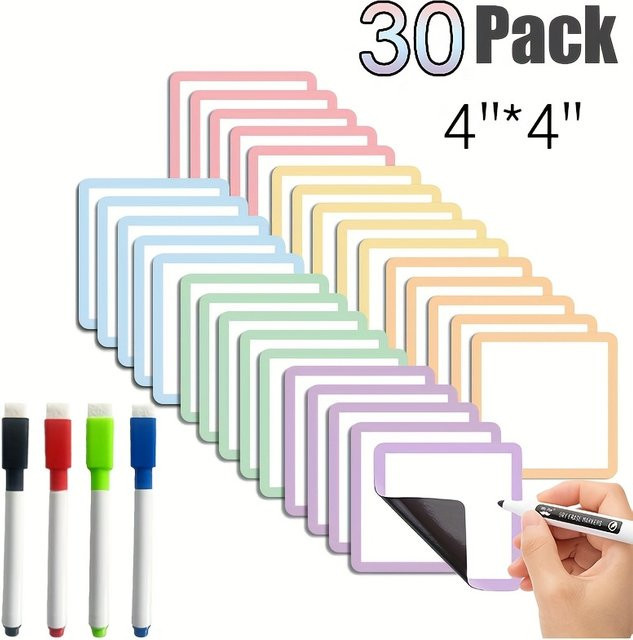 30-teiliges magnetisches Haftnotizen-Set in Multicolour, trocken abwischbare Etiketten mit 4 magnetischen Stiften, B/B: 10,2 x 10,2 cm - Bild 1
