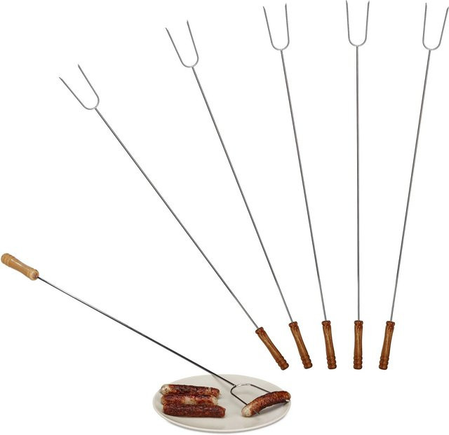 Relaxdays Grillspieße aus Edelstahl mit Holzgriff und Doppelspitze, 6er Set, Farbe: Silber, Länge: 80 cm - Bild 1