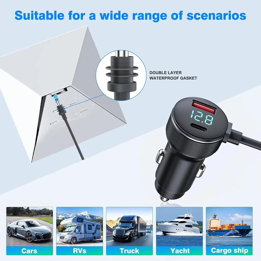 Kebidumei USB Typ C Auto Ladegerät für Starlink mit Digital Voltmeter und 2m wasserdichter Verlängerung, Schwarz, 12V-24V Fahrzeuge - Bild 5