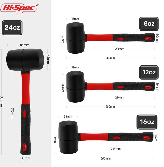 Hi-Spec Double Face Gummihammer mit isoliertem Griff und rutschfestem Griff für Installation und Heimwerken (8/16/24 Oz) - Bild 1