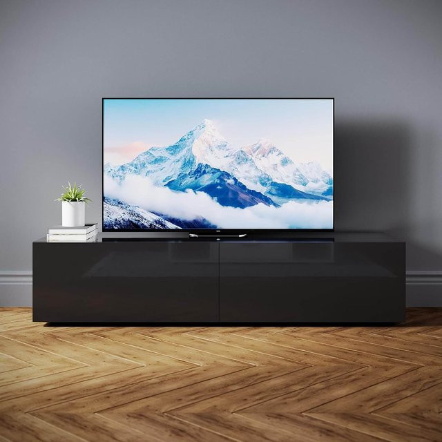 SONNI TV-Schrank Modern Lowboard Hochglanz Schwarz mit 2 Schubladen und 2 Türen, Breite: 140 cm - Bild 1