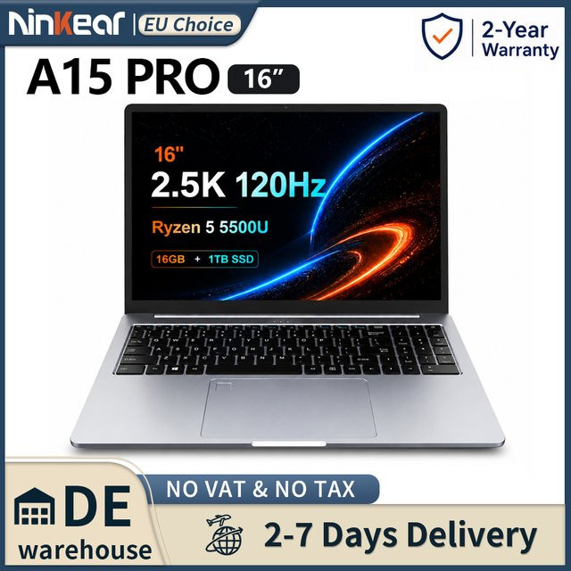 Ninkear A15 Pro Business Notebook mit AMD Ryzen 5 5500U, 16GB RAM, 1TB SSD, 16 Zoll 2.5K 120Hz IPS Display, Windows 11 und Metallgehäuse - Bild 1