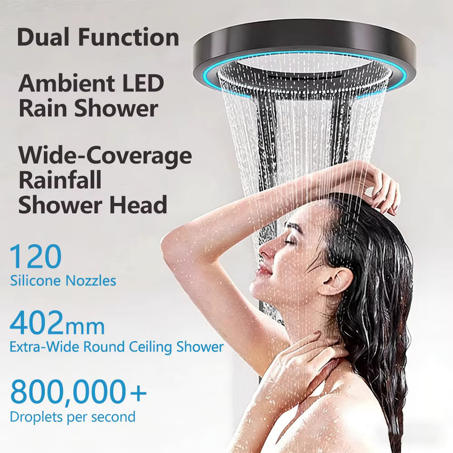 YUNMIAN Duschsystem-Set in Schwarz mit LED-Digitalanzeige, Wasserfall-Funktion und Badezimmer-Lichtpanel zur Wandmontage - Bild 2