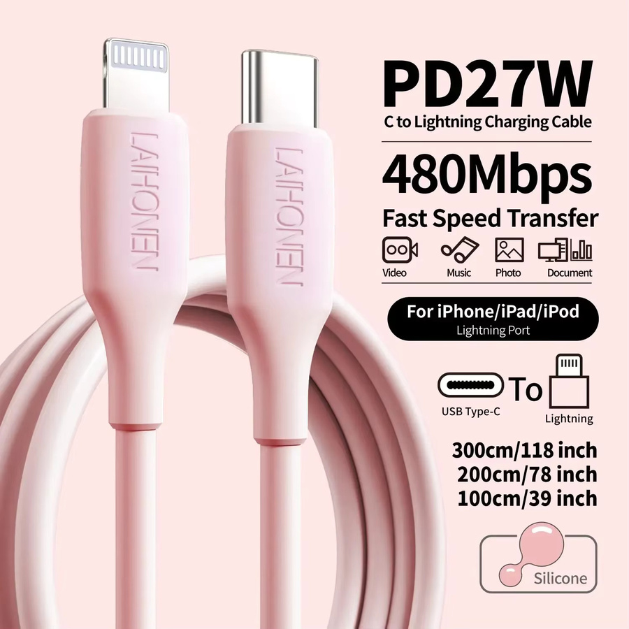 LAIHONEN USB-C auf Lightning PD-Schnellladekabel 27 W Silikon-Datenkabel in Macaron Pink für iPhone 14 13 12 11 Pro Max - Bild 2