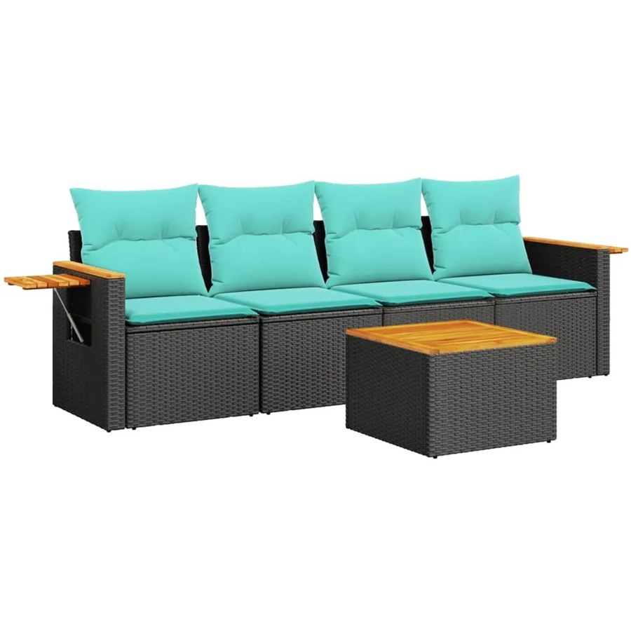 vidaXL 5-teilige Garten-Sofagarnitur aus Poly-Rattan und Akazienholz in Schwarz mit blauen Kissen - Bild 2