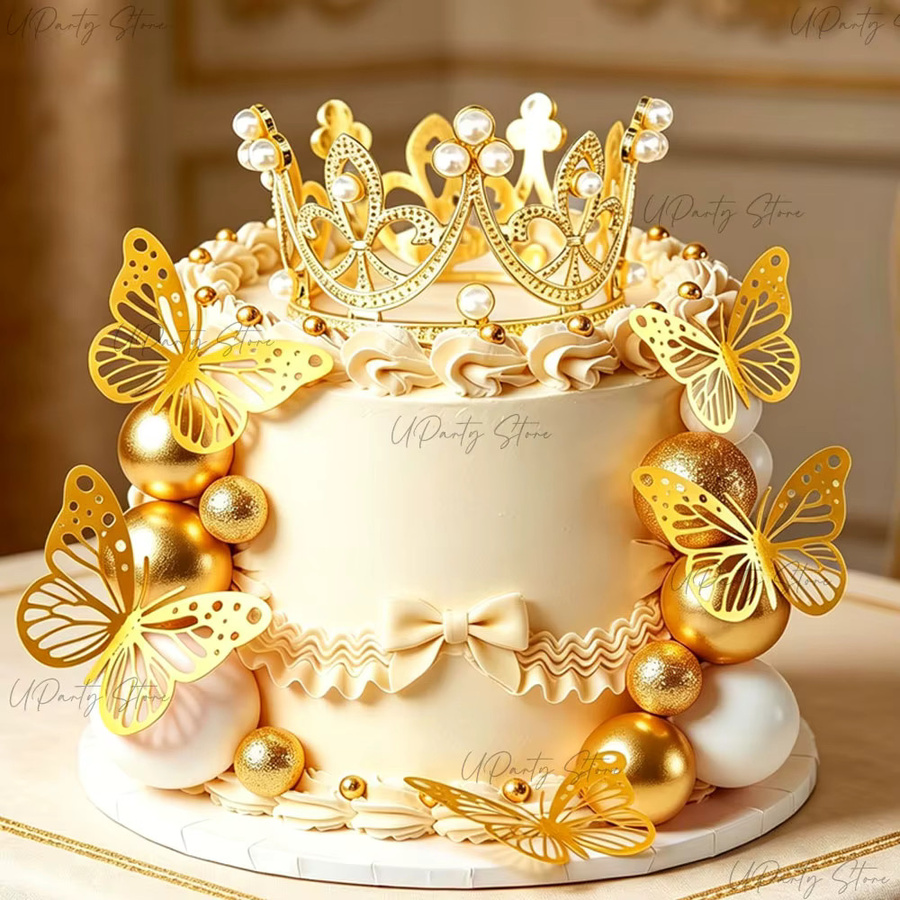 MicroPlush Goldene Kuchenaufsätze mit Kronen, Schmetterlingen und Tiara aus Acryl für deine Geburtstagsparty - Bild 2
