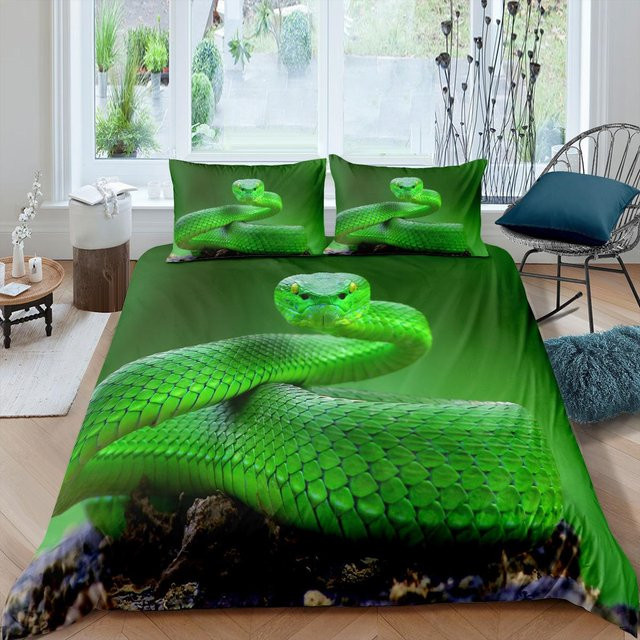 Schlangen Bettbezug Set mit 2 Kissenbezügen aus Polyester in Grün mit 3D Python Reptil Design für Kinder und Jugendliche, B/H: 135 x 200 cm, Kissenbezüge B/H: 50 x 70 cm - Bild 1
