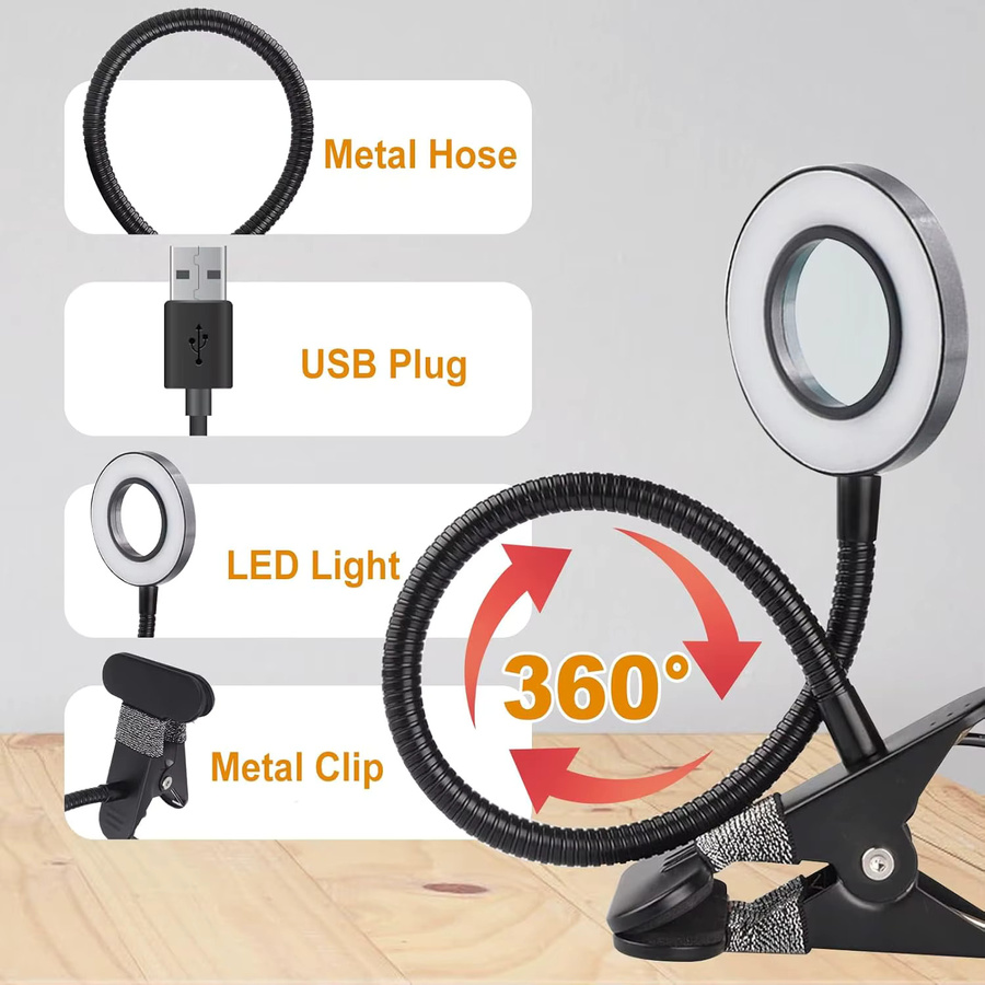 Dimmbare Lupe mit Lichtclip und Klemme in Schwarz für Basteln, Reparatur und Heimwerken - Bild 5