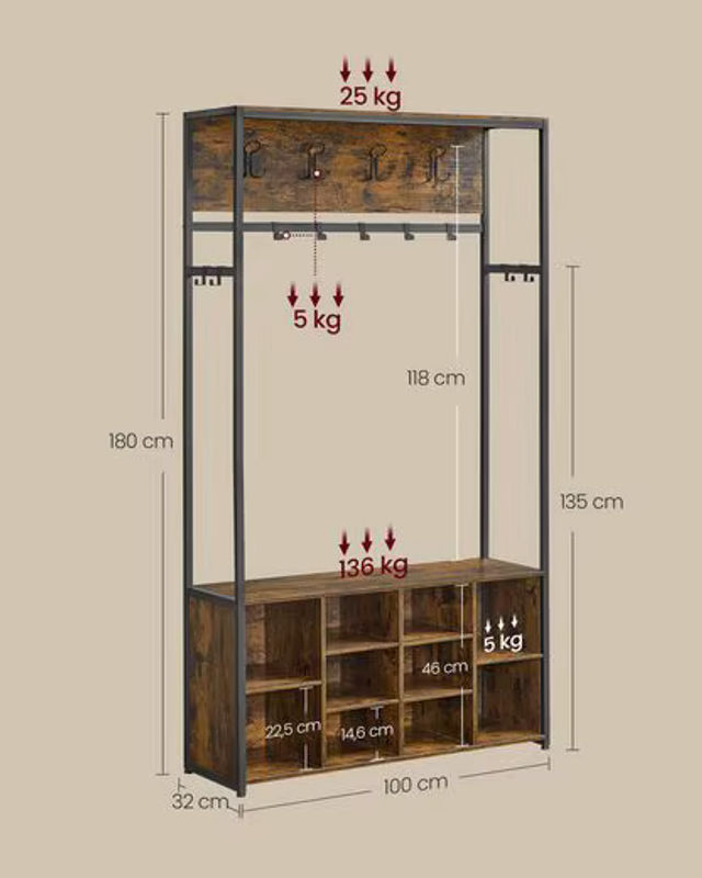 VASAGLE Garderobenständer im Industrial Design mit Schuhregal und Sitzbank, Farbe Schwarz-Braun, B/T/H: 100 x 32 x 180 cm - Bild 5