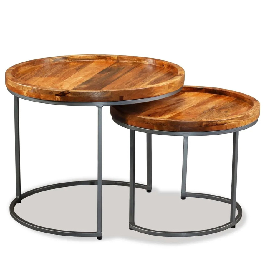 vidaXL Beistelltisch-Set aus 2 Stück in Braun, Mangoholz Massiv und Eisen im industriellen Stil, runde Tischplatten - Bild 2