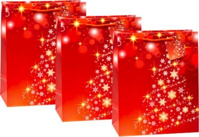 TSI Geschenktüten Set Serie 10, 3-teilig, Motiv Sterne und Schneeflocken, Farbe Gold-Rot, B: 26,0 cm, T: 13,5 cm, H: 32,0 cm - Bild 1
