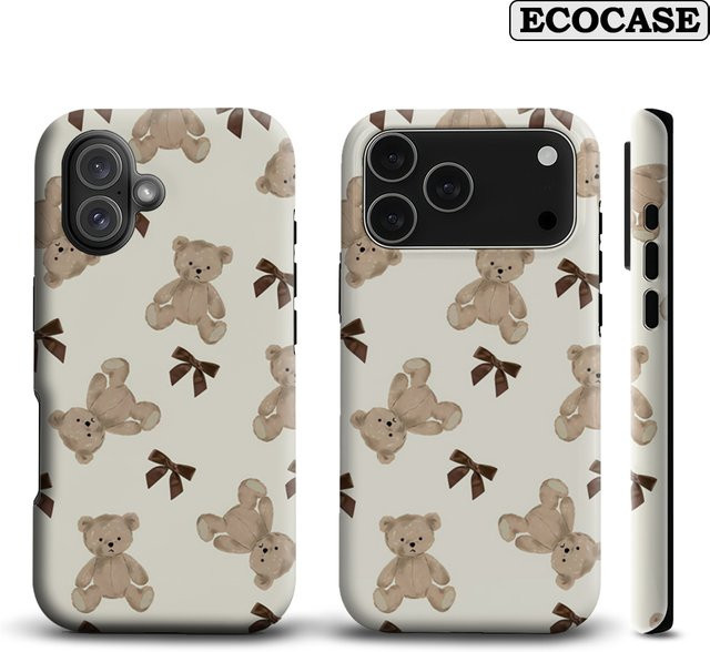 Potdemiel Handyhülle mit braunem Teddybär und Schleife für iPhone 17 16 15 14 13 12 Pro Max Plus mit doppelschichtiger Rückseite, Farbe: Braun - Bild 1