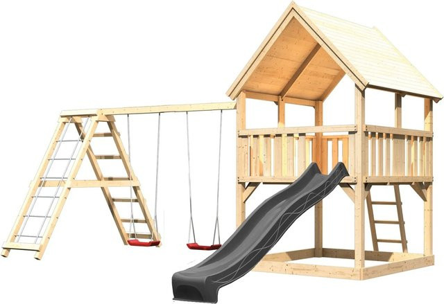 Karibu Spielturm Luis aus Fichten-Massivholz mit Rutsche und Doppelschaukel in Natur-Anthrazit - Bild 1