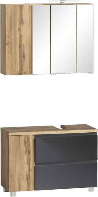 Held Möbel Ancona 2-tlg Badezimmer-Set mit Unterbecken-Schrank und Spiegelschrank, Mattgrau-Wotaneiche, Breite: 85 cm - Bild 1