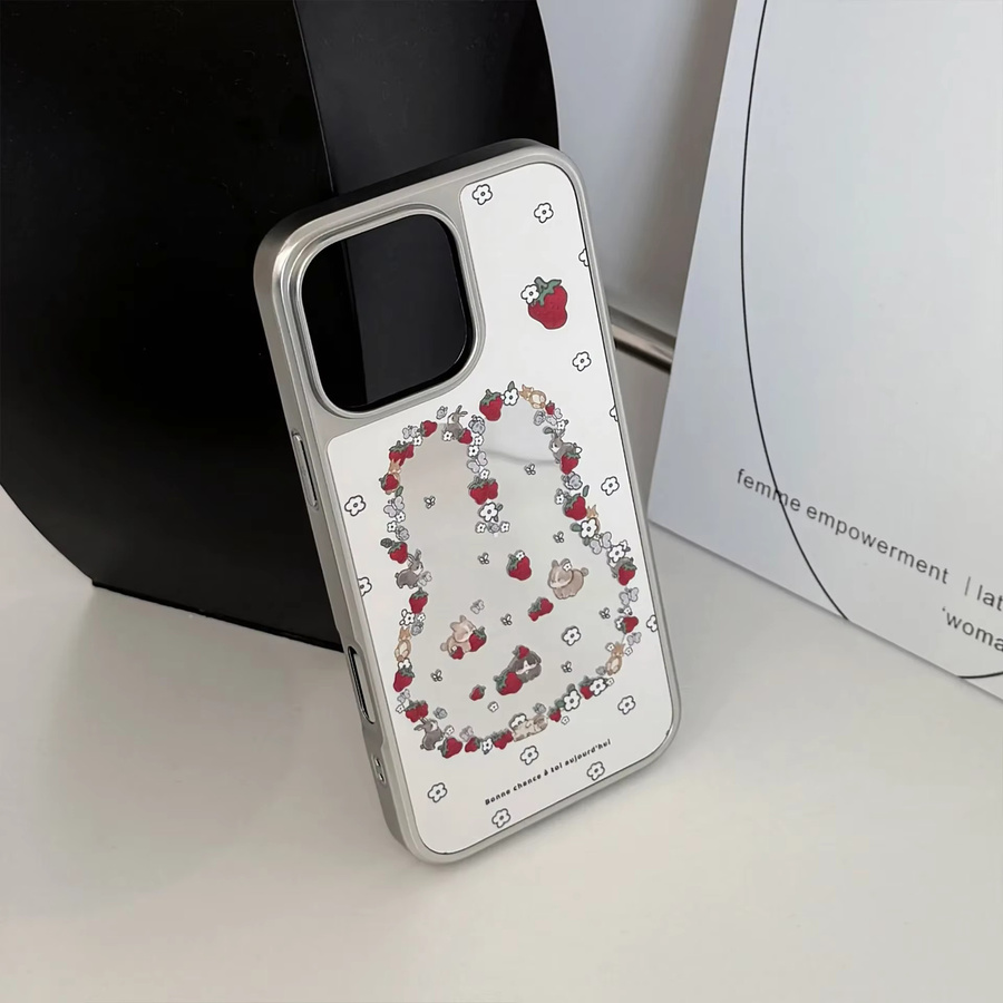 Ins Style Spiegel Handyhülle mit Erdbeere, Blume und Kaninchen Design für Apple iPhone 16 15 14 13 12 11 Pro Pro Max Plus X XR stoßfest - Bild 5