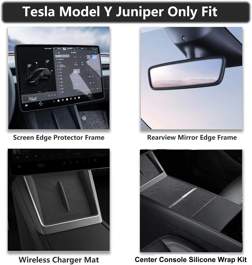 Beworth Zubehör Set für Tesla Modell Y Juniper 2025: Mittelkonsole Pad, Drahtloses Ladegerät, Silikon Matte, Bildschirm Rand Rahmen und Rückspiegel Abdeckung in Schwarz - Bild 2