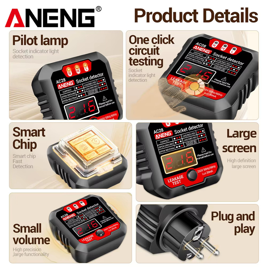 ANENG AC28 Digitaler Steckdosen-Leistungstester in Schwarz als Spannungsprüfer und Steckdosenpolaritätsdetektor für EU/US-Stecker (250 V, 50 Hz/60 Hz) - Bild 6