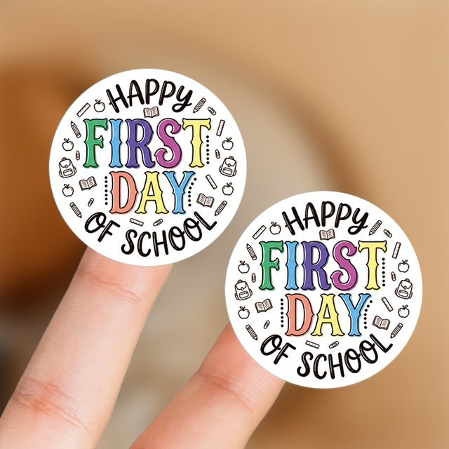 120 runde Aufkleber im Doodle-Stil Happy First Day Of School, 10 Blatt Etiketten in Mehrfarbig für die Dekoration zum Schulanfang - Bild 1